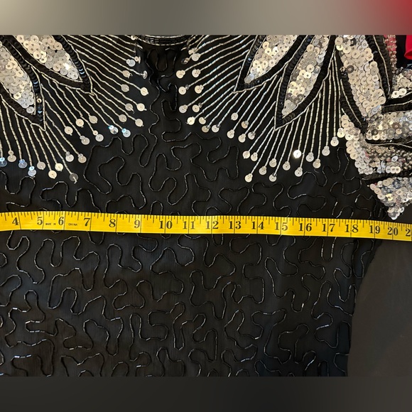 Vintage Laurence Kazar Black Silk Beaded Sheath Dress With Sequined Shoulders - Picture 12 of 15